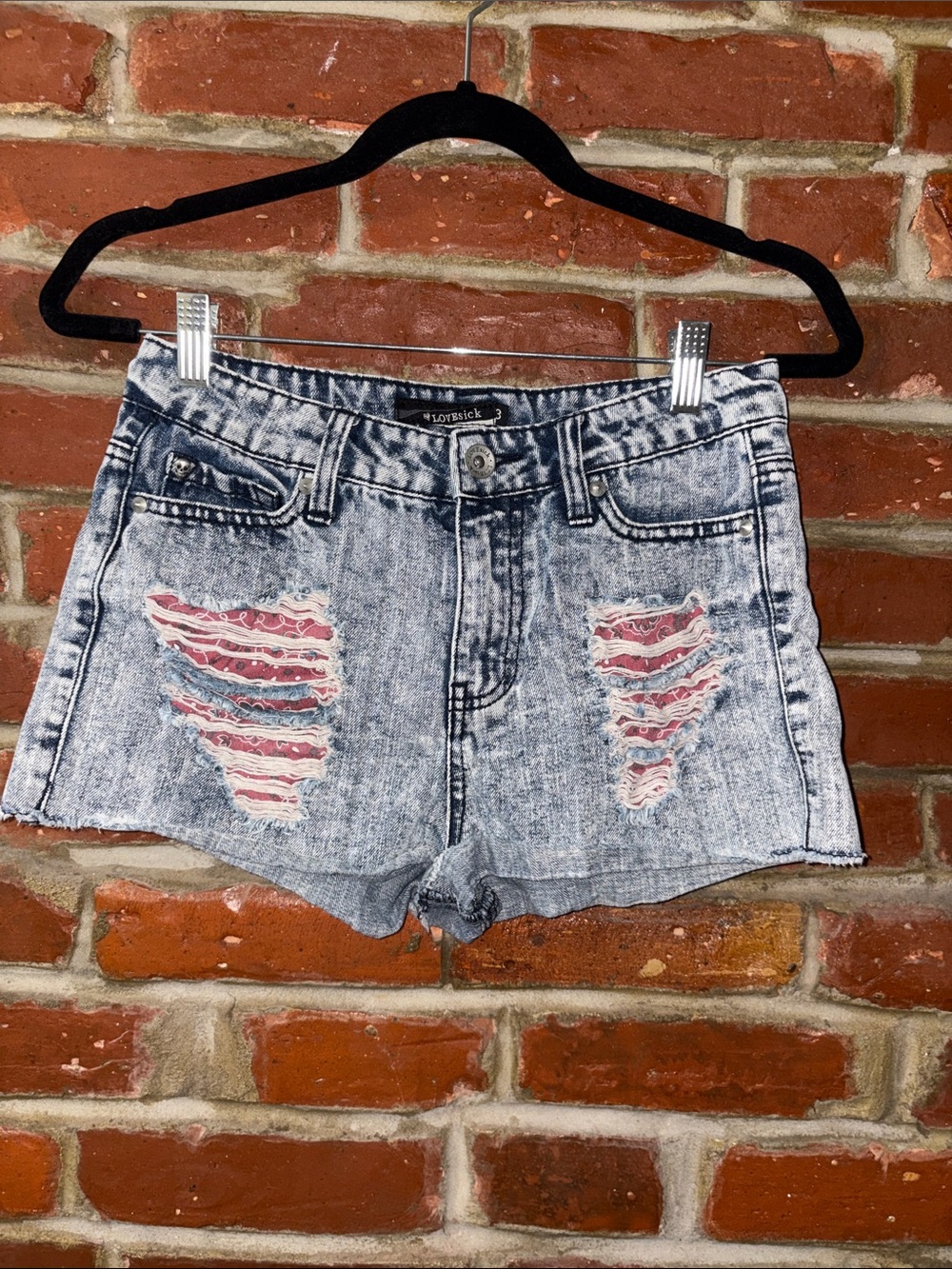 Lovesick Denim Cutoff Jean Shorts with Red Paisley Bandana Patch